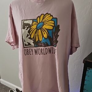 Obey Pink Tee with Yellow Flower Graphic